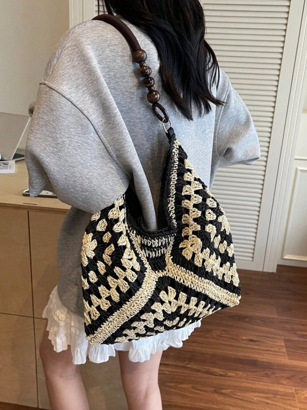 Black Casual Women's Crochet Patchwork Shoulder Bag – - Picture 4 of 8